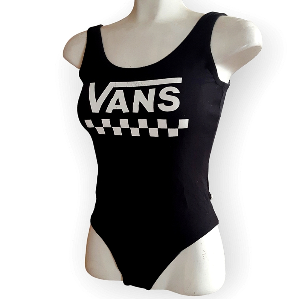 VANS black and white snap up logo sleeveless bodysuit Size small